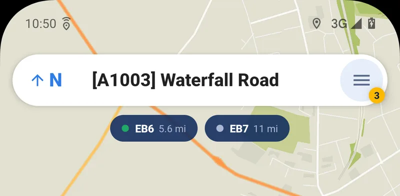 The map screen with two colleague chips below the street name:
EB6 at 5.6 miles with a green dot, EB7 at 11 miles dimmed