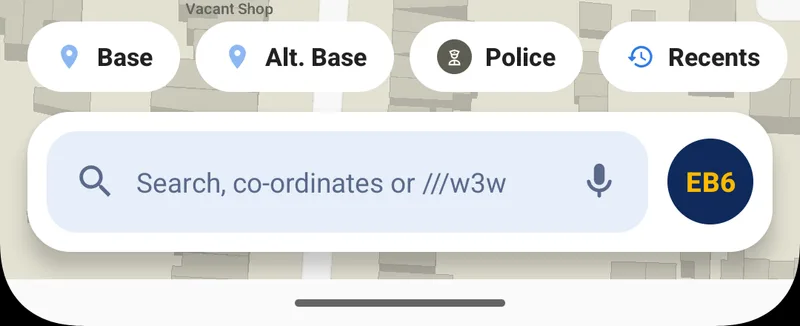 The bottom of the map screen: quick-access chips, the search bar,
and the round callsign button reading EB6 at its right-hand end