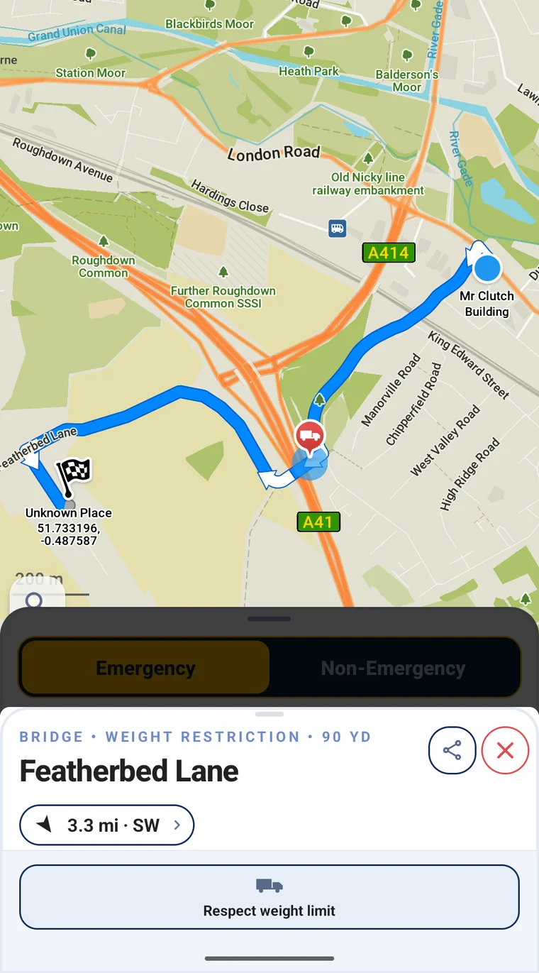 An emergency route sent over the weight-restricted Featherbed Lane, with a red lorry marker on the route and the place page showing "Bridge · weight restriction" and a "Respect weight limit" button