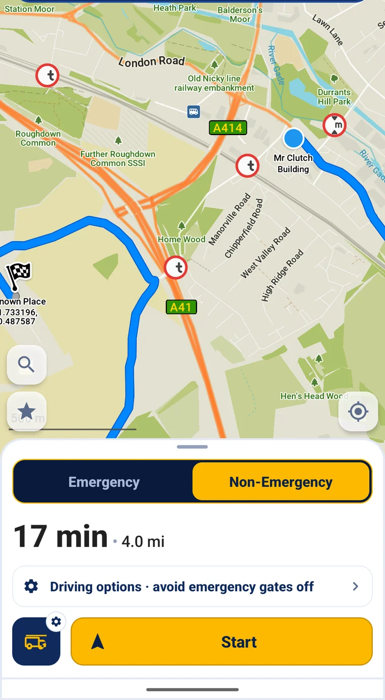A non-emergency route avoiding the restricted roads, with circular marks showing the avoided weight and height limits