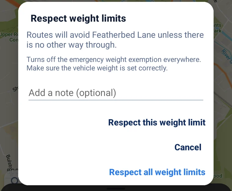 The "Respect weight limits" dialog, offering "Respect this weight limit", "Cancel" and "Respect all weight limits", with an optional note field